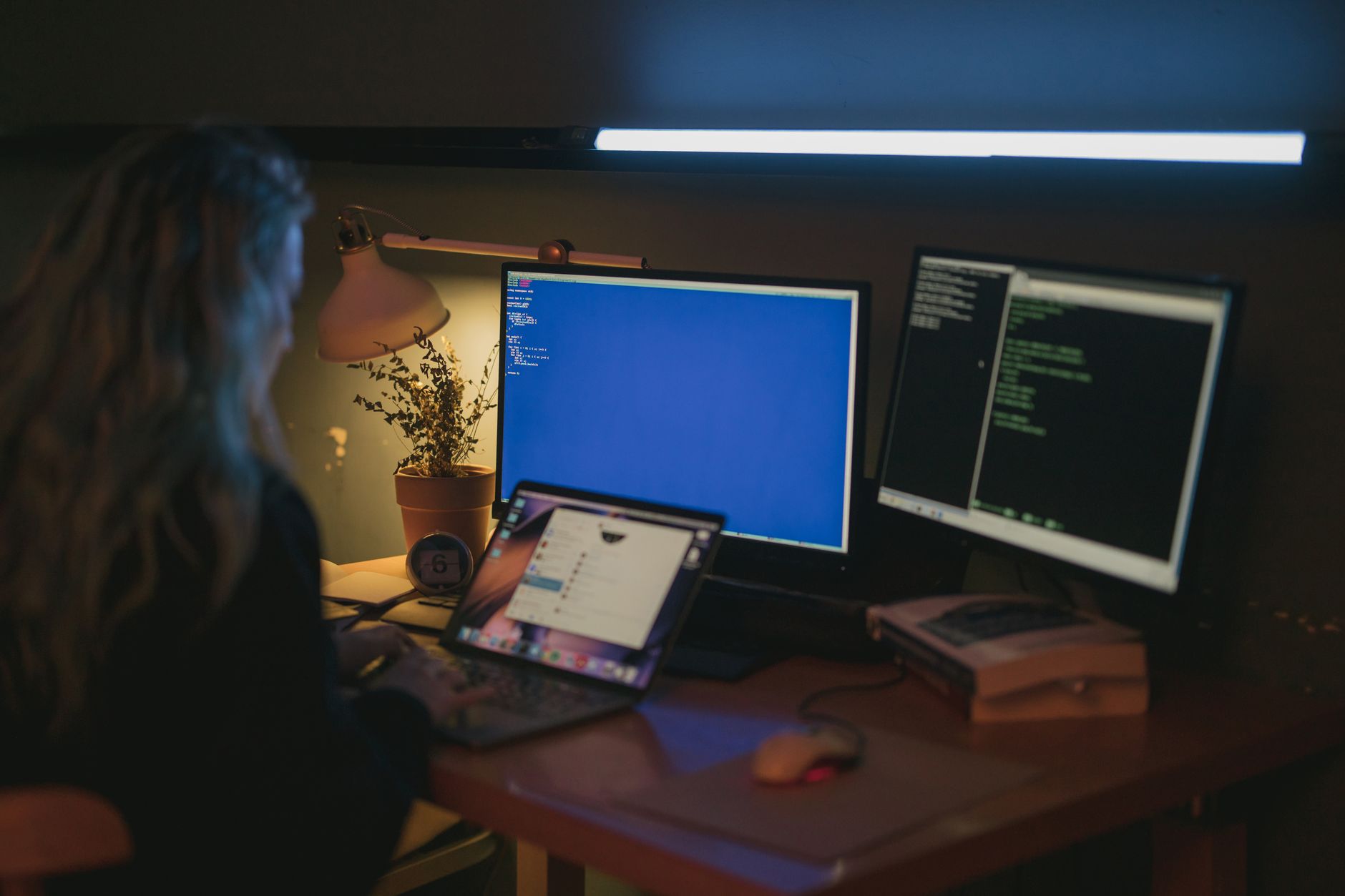 a developer looking at security scan results on a monitor