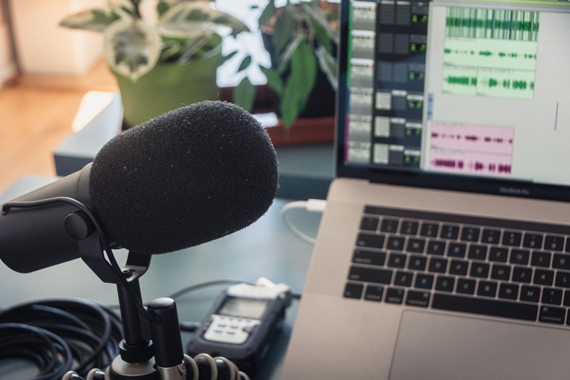 an audio waveform displayed on a computer screen in a podcast recording studio