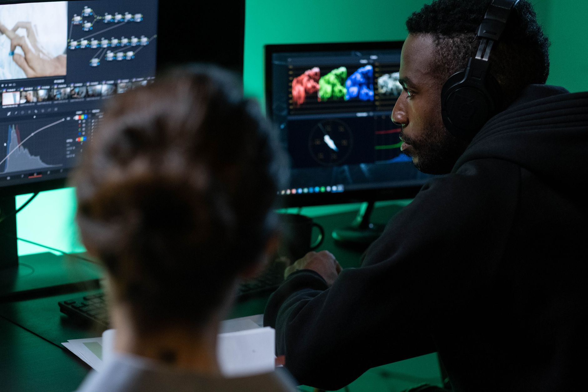 digital artist generating an AI video scene on a desktop monitor