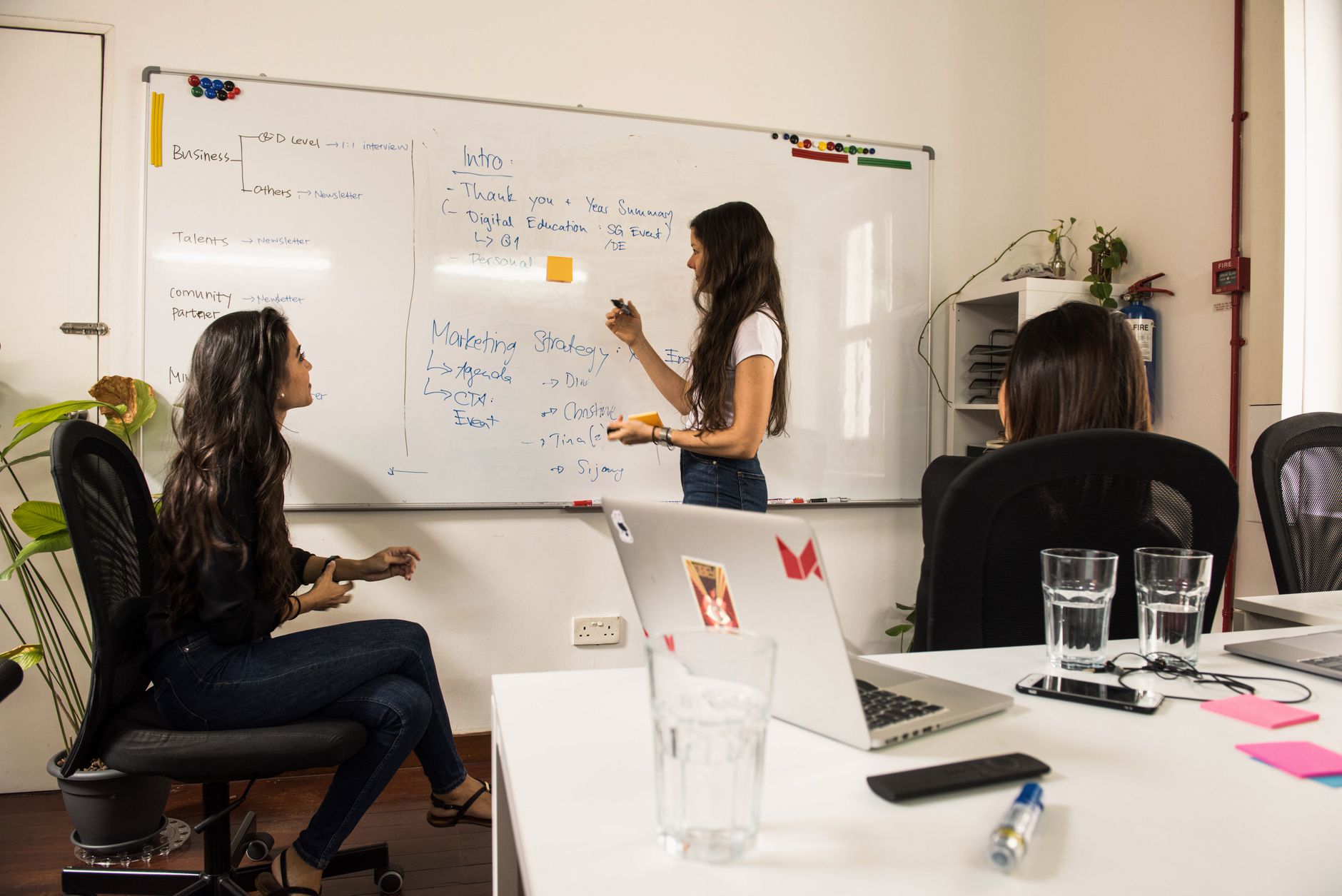 Marketing team reviewing AI generated copy on laptop beside a whiteboard