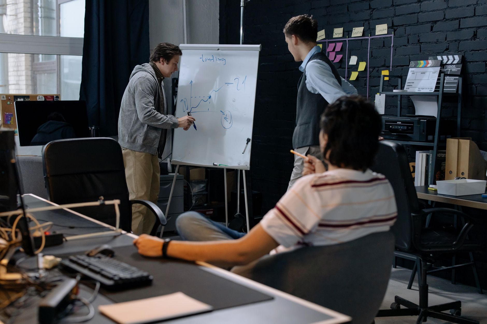 a team reviewing an automation workflow on a whiteboard